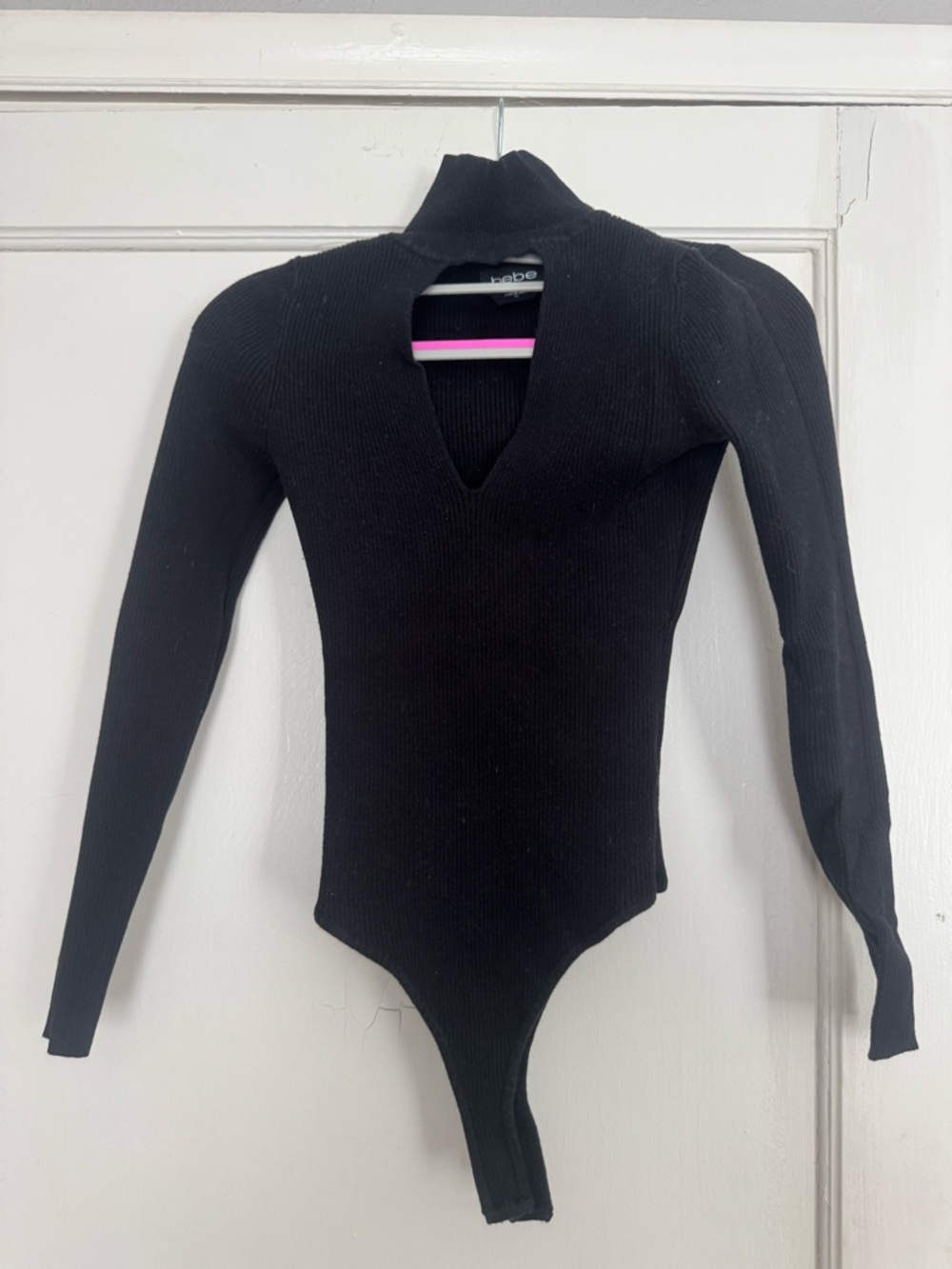 Vintage bebe Black Ribbed Turtleneck Bodysuit with V Cutout
